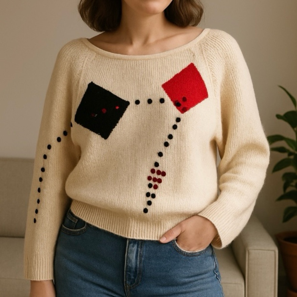 Vintage Neiman Marcus Pronto Moda Abstract Art Sweater-Cream Size M 80’s /90’s